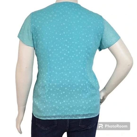 Notations Women's Top XL Teal With Circle Design Vneck Button Up. - Picture 2 of 11